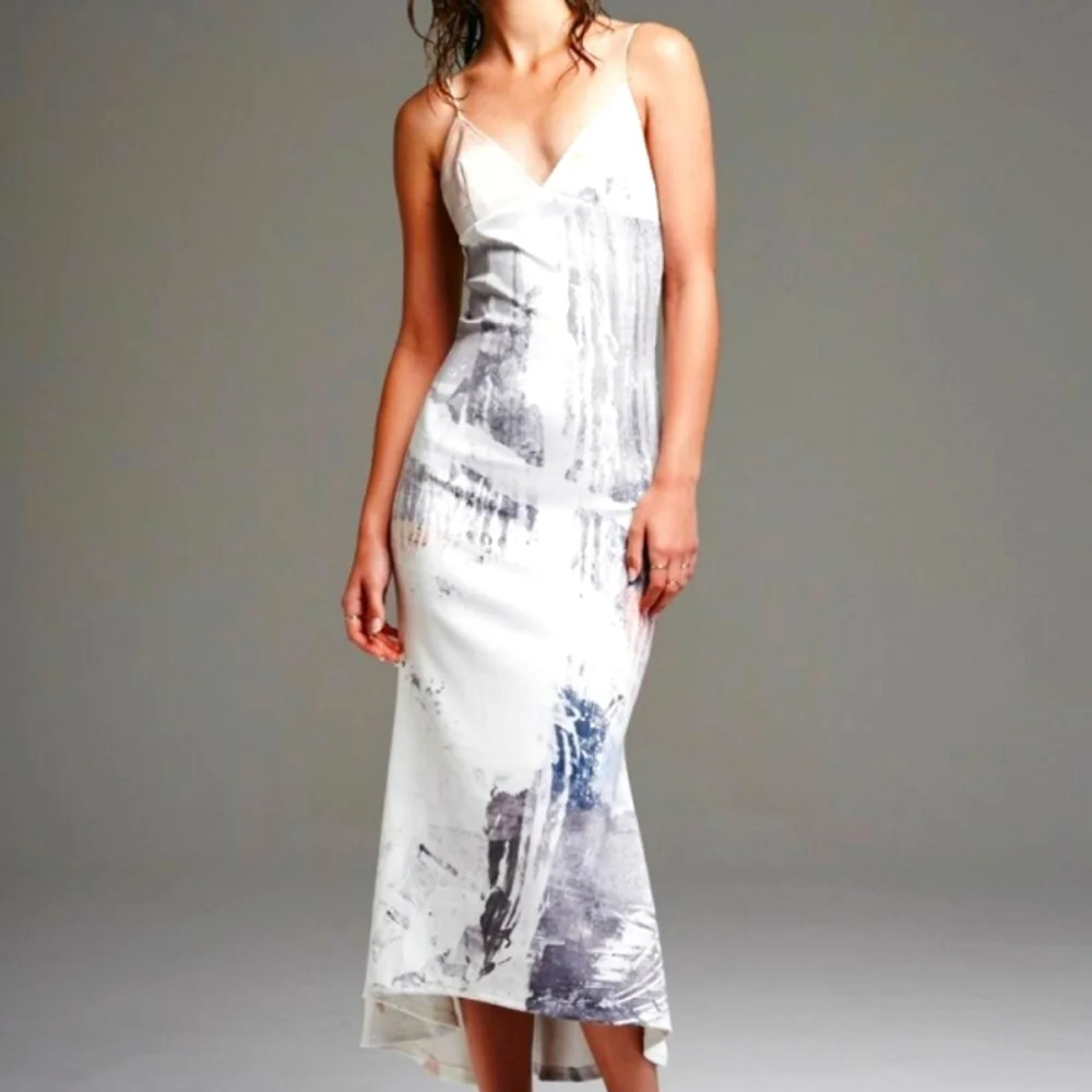 MAURIE & EVE Untold Silver Print Stretch Slip Formal Evening Midi Dress - Picture 2 of 10